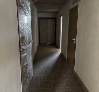 A hallway in a family house, with beige tiles on the floor and plastic doors.
