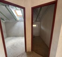 Attic spaces of a family house with double entry, a skylight, and unfinished walls.