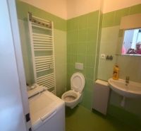 A studio apartment bathroom with green tiles, a sink, a toilet, and a washing machine.
