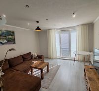 A living room in a three-room apartment with a wooden decor floor and a brown sofa.
