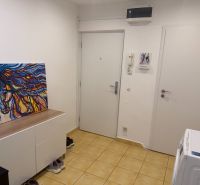 A bright hallway in a 2-room apartment with a colorful painting on the dresser.