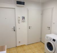 Entrance hallway in a 2-room apartment with yellow tiles and a washing machine.