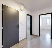 Entrance hallway in a 3-room apartment with tiles and dark doors.