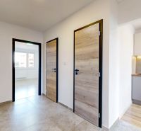 A hallway with entrances to rooms and a view of the kitchenette in a 3-room apartment.