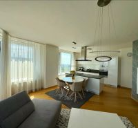 Living room of a three-room apartment with a wooden decor floor and a kitchenette.