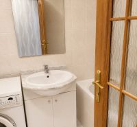Bathroom in a 2-room apartment with a washing machine, sink, and bathtub.