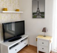 Living room in a two-room apartment with a wooden decor floor, a television, and a table.