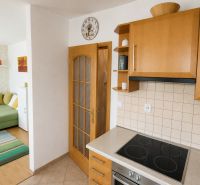 A kitchen with appliances and a living area with a colorful carpet in a 2-room apartment.