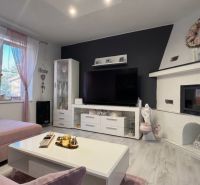 Living room in a family house with a fireplace, sofa, and decorative details.