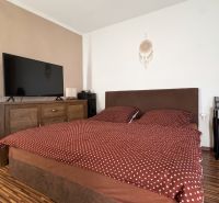 Bedroom in a family house with a TV, dresser, bed, and floor with a wood decor.