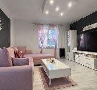Living room in a family house with a pink sofa and decorations.
