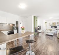 Living room with kitchen in a 3-room apartment, wooden decor flooring, light decoration.