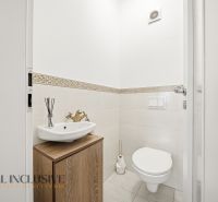 A bathroom in a 3-room apartment with a sink and a toilet, tiles with a decorative pattern.