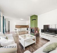 Living room in a 3-room apartment with a fireplace and a wooden decor floor.