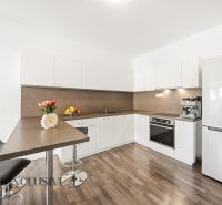A kitchen in a 3-room apartment with light furniture, a bar counter, and a floor with a wooden decor.