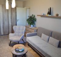 Living room with a sofa, an armchair, and a wooden decor floor in a three-room apartment.