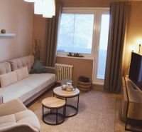 Living room in a 3-room apartment with a comfortable sofa and a floor with a wooden decor.