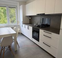 A kitchen in a 2-room apartment with a gray floor and white cabinets.