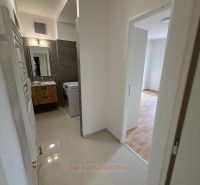 A hallway in a 2-room apartment with access to a bathroom with a washing machine.