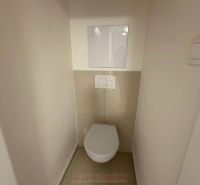 Bathroom with toilet in a 2-room apartment, light walls, ceramic tiles.