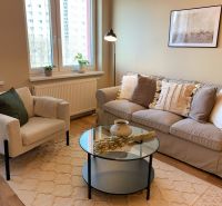 Living room in a 2-room apartment with a gray sofa, an armchair, and a wooden decor floor.