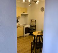 Kitchen corner with dining table and chairs, 2-room apartment, floor with wood decor.