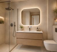 Bathroom in a 2-room apartment with a large mirror and a glass shower enclosure.