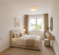 A bright bedroom in a two-room apartment with a wood-patterned floor and simple furniture.