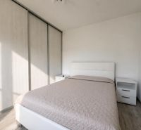 Bedroom in a two-room apartment with a wooden decor floor, a large wardrobe, and a bed.