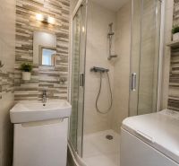 A bathroom with a shower, sink, and washing machine in a 2-room apartment.