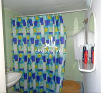 A bathroom in a family house with a colorful shower curtain and a mirror above the sink.