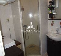 Bathroom with a sink, shower, and washing machine in a family house.