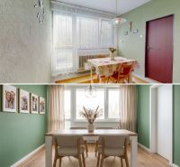 Dining room in a family house, table with chairs, green walls, floor with wooden decor.