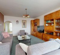 Living room in a family house with a comfortable sofa and a wooden wall unit.