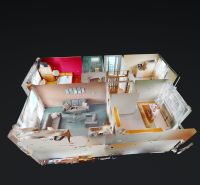 Digital model of a family house interior with furniture and decorations.