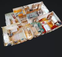 Floor plan of a family house with rooms, a kitchen, and a staircase, flooring with a wooden decor.