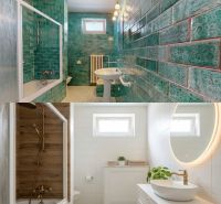 Bathroom with a bathtub and tiles, updated in a family house.