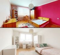 Children's room in a family house with a bed and a table, floor with wooden decor.