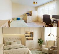 Interior of a family house with a bed, a desk, shelves, and a comfortable chair.