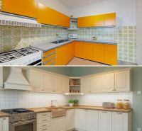 The upper part of the kitchen with orange cabinets in the family house, the lower part is cream with a wooden decor.