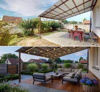 The terrace of a family house on 1st May Street in Brodské, before and after renovation.