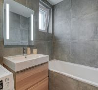 A bathroom with a shower, washing machine, and mirror in a 3-room apartment with ceramic tiles.
