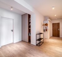 A hallway with a wooden decor floor, a wardrobe, and a coat rack in a 3-room apartment.