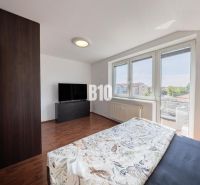 A bright bedroom with a TV in a two-room apartment, wooden decor flooring.