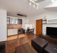 Living room with kitchen and wooden decor flooring in a 2-room apartment.
