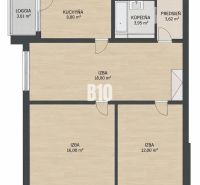 Floor plan of a 3-room apartment with a loggia and flooring with a wood decor.