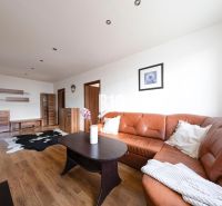 Living room with a sofa, wooden decor flooring, furniture, carpet in a 3-room apartment.