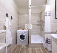 Bathroom with a washing machine, shower cabin, and white sink in a 3-room apartment.