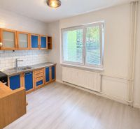 A kitchen in a 3-room apartment with blue cabinets and a wooden decor floor.