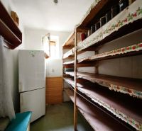 A pantry in a family house with shelves and a refrigerator.